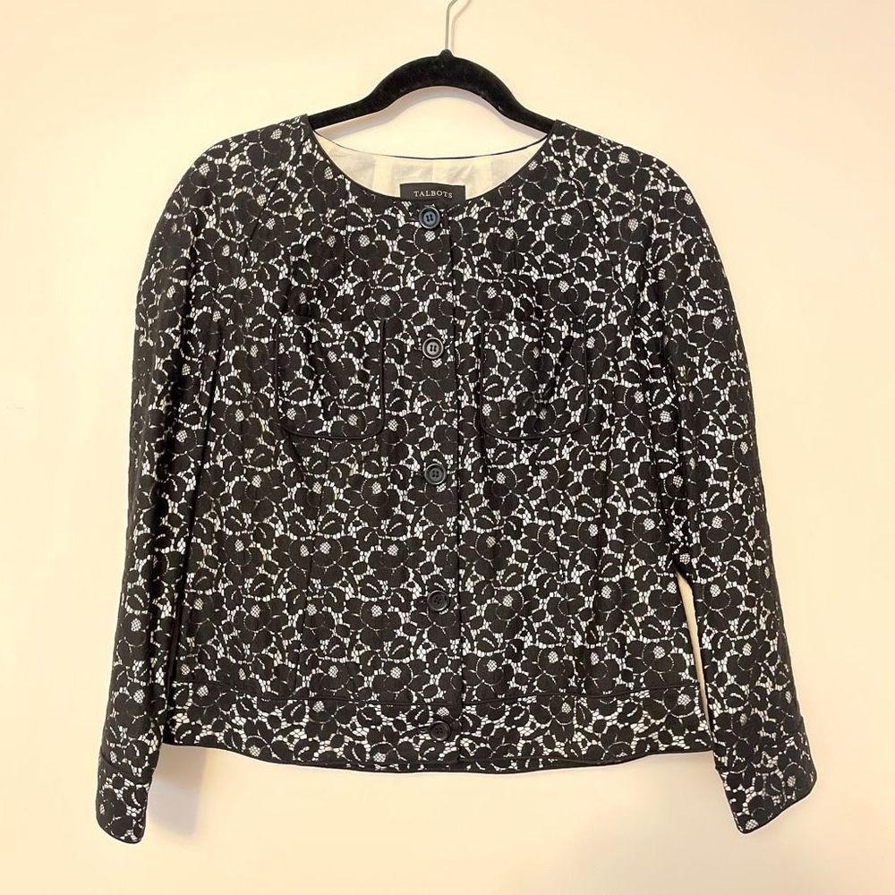 TALBOTS COTTON BLEND JACKIE FIT FLOWER LACE OVERLAY JACKET SIZE 8